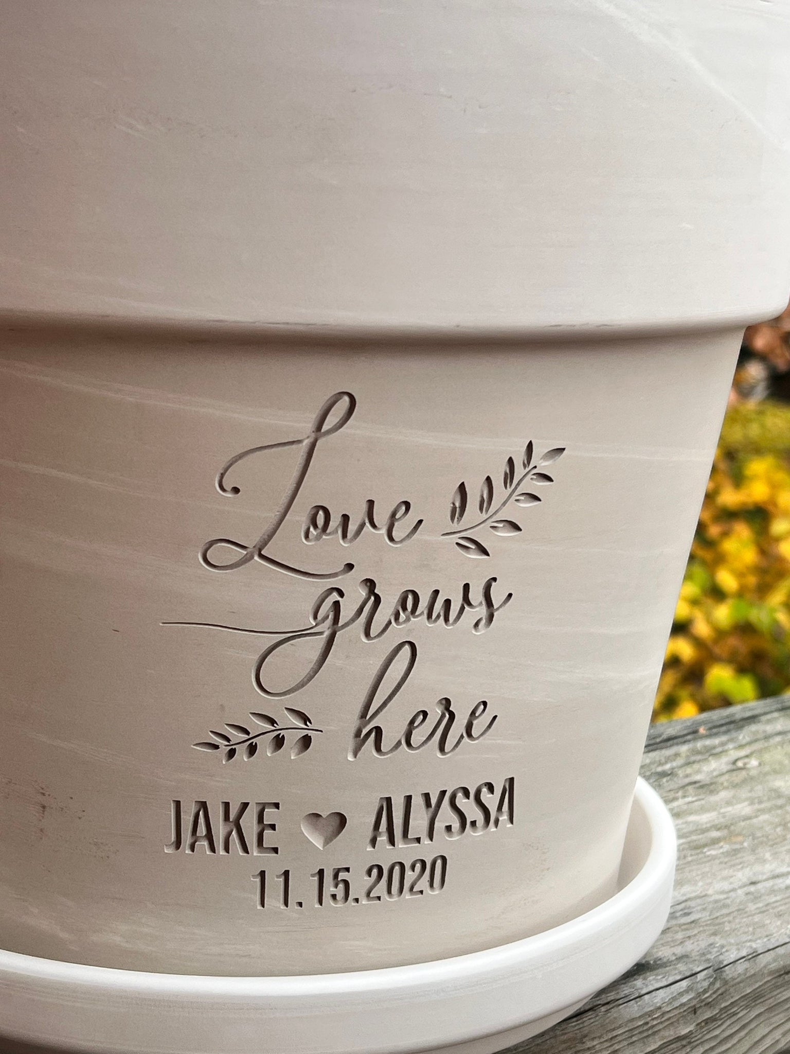 love grows here plant pot Personalized Love Grows Here Wedding or Anniversary Carved Flower Pot Gift