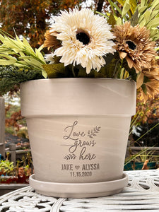 Wedding or Anniversary Gift | Deep Etched Custom Clay Flower Pot | Engraved Flowerpot | Terra cotta Planter | Love Grows Here | Choose Color