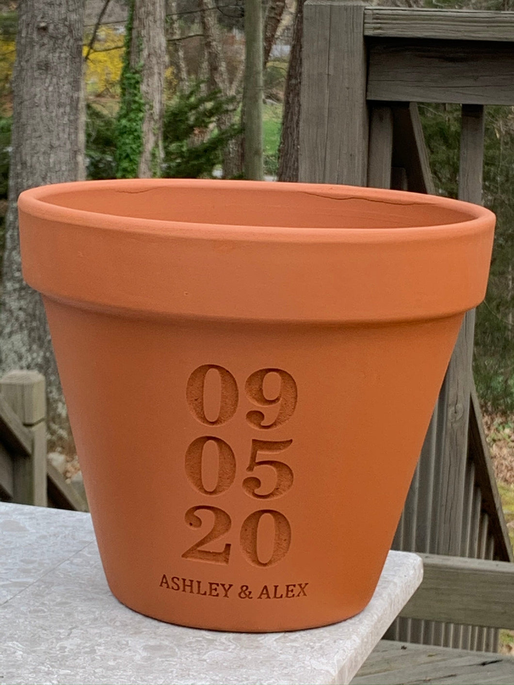 Stacked Date | Deep Etched Custom Carved Clay Flower Pot | Engraved Flowerpot | Terra cotta Planter | White Granite Marble, Red, or Basalt Clay