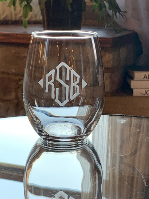 Stemless Wine Glass with Etched Monogram, 21 oz