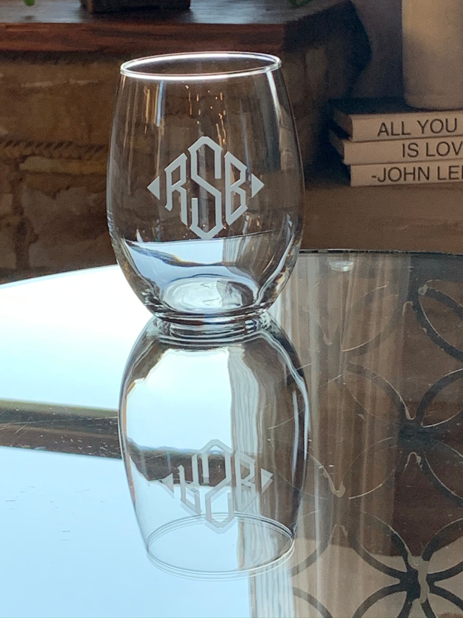 Single Customizable Monogram 15 oz Etched Stemless Wine Glass Engraved  Personalized with Initial and Name