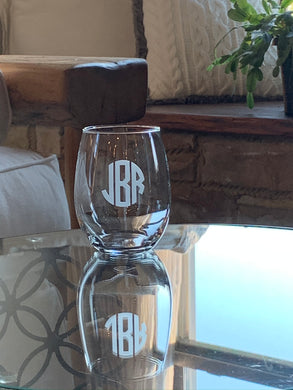 Stemless Wine Glass with Etched Monogram, 15 oz