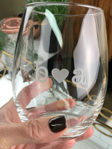 Stamped Initials with Center Heart Stemless Wine Glass
