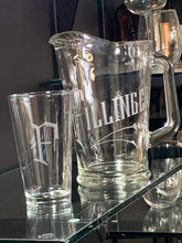 Load image into Gallery viewer, Hand Cut Beer Pint and Pitcher Set engraved with Initial and Last Name