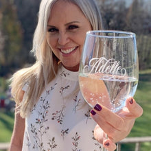 Load image into Gallery viewer, Personalized Etched Wine Glass with Designer Script Name | Glass or Crystal | 16 oz or 19 oz |