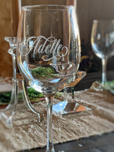 Load image into Gallery viewer, Personalized Etched Wine Glass with Designer Script Name | Glass or Crystal | 16 oz or 19 oz |