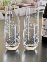 Load image into Gallery viewer, Stemless Flute glasses with Mr. &amp; Mrs. engraving with the last name and date