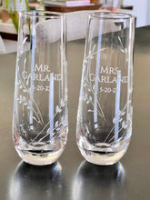 Load image into Gallery viewer, Stemless Flute glasses with Mr. &amp; Mrs. engraving with the last name and date