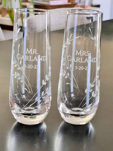 Stemless Flute glasses with Mr. & Mrs. engraving with the last name and date