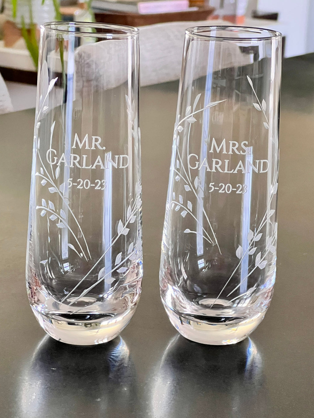 Stemless Flute glasses with Mr. & Mrs. engraving with the last name and date