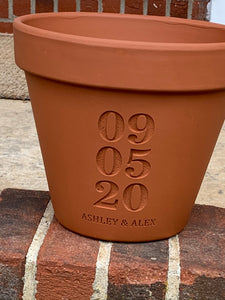 Stacked Date | Deep Etched Custom Carved Clay Flower Pot | Engraved Flowerpot | Terra cotta Planter | White Granite Marble, Red, or Basalt Clay