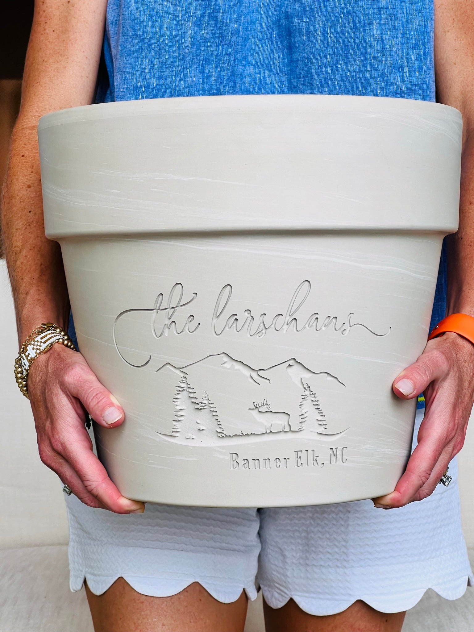 large personalized planter pots Mountain Home| Deep Etched Custom Clay Flower Pot | Engraved Flowerpot | Terra cotta Planter