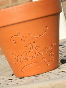 Etched Planter Custom Engraved - Carved Terra Cotta Flower Pot with Scrolls | New Home | Wedding | Gift for newly weds | Anniversary