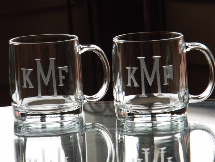 Hand Cut Classic Block Monogram 13 oz Glass Coffee Mug
