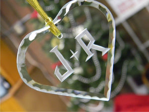 Heart Shaped Glass Ornament with Hand Cut Initials
