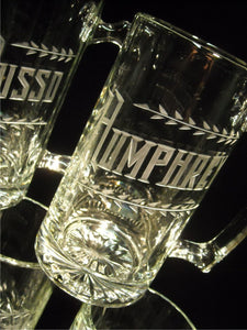 Set of 4 | 15 oz Beer Mug with Hand Cut Name and Leaves