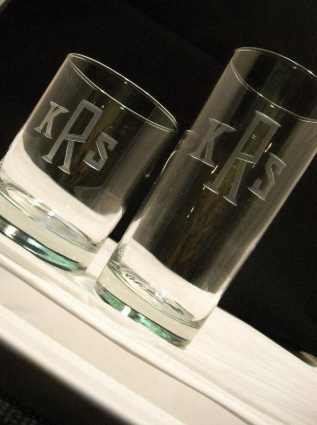 Hand Cut 15 oz Highball Beverage Glass Engraved with Custom Monogram