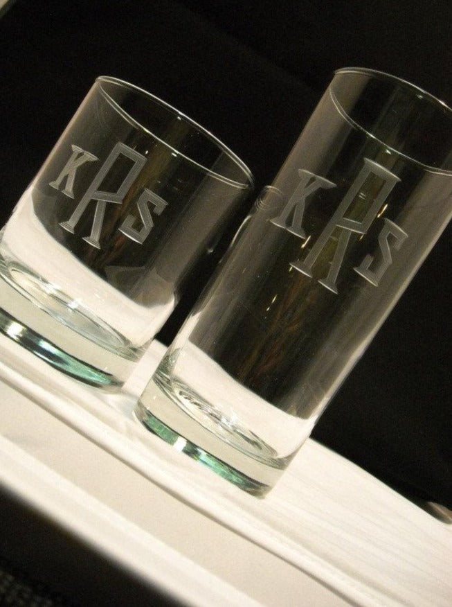 Hand Cut Rocks and Hiball Beverage Set Engraved with Classic Block Monogram