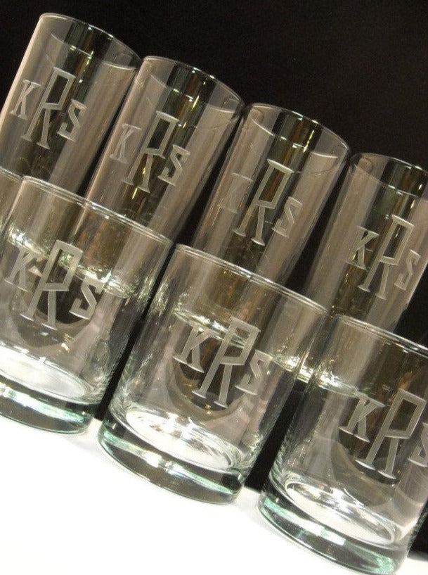8 Piece Beverage Set | Hand Cut Rocks and Highball Beverage Engraved with Custom Monogram, Stone Wheel Engraved at $120