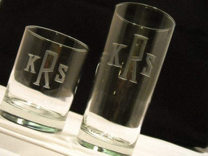 Hand Cut Rocks and Hiball Beverage Set Engraved with Classic Block Monogram