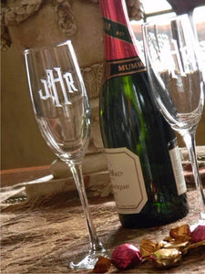 Old English Hand Cut Monogrammed Connoisseur Champagne Flutes
