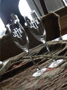 Old English Hand Cut Monogrammed Connoisseur Champagne Flutes