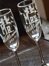 Load image into Gallery viewer, Hand Cut Mr. &amp; Mrs. Personalized Lovebird Champagne Flute | Set of 2