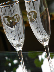 Personalized Hand Cut Carved Tree Champagne Glasses