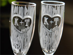 Personalized Hand Cut Carved Tree Champagne Glasses