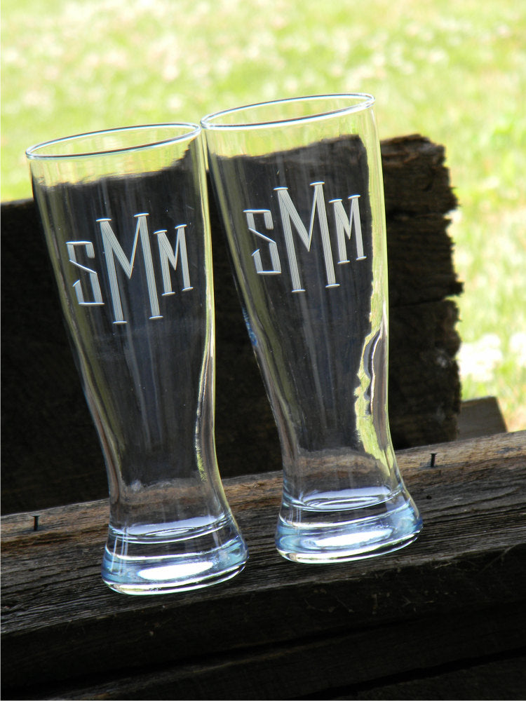 Hand Cut Pilsner Beer Glass with Thick and Thin Block Monogram