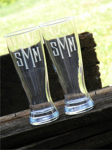 Hand Cut Pilsner Beer Glass with Thick and Thin Block Monogram