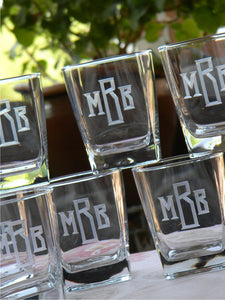 Set of 4 | Hand Cut Monogrammed Square Whiskey Glass