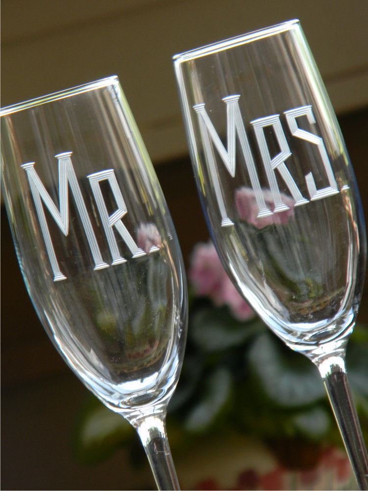 Hand Cut Mr. & Mrs. Champagne Toasting Flute | Set of 2