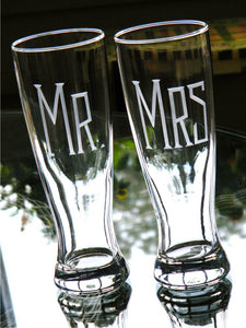 Hand Cut Mr. & Mrs. Pilsner Beer Glass | Set of 2