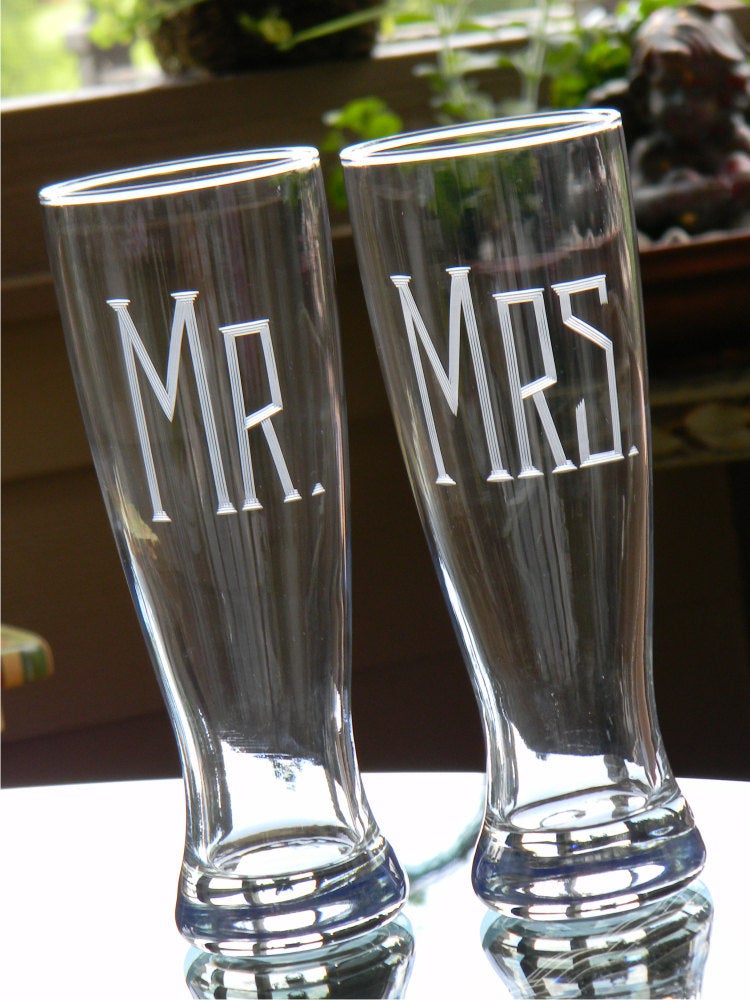 Hand Cut Mr. & Mrs. Pilsner Beer Glass