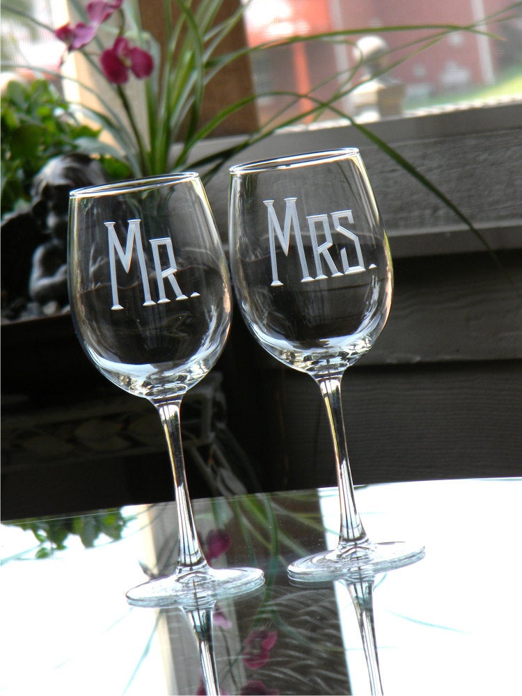 Mr. and Mrs. Personalized Wedding Wine Glasses and Matching Laser