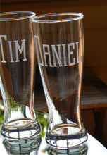 Load image into Gallery viewer, Pilsner Glass with Hand Cut Classic Block Name