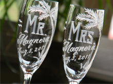 Load image into Gallery viewer, Hand Cut Mr. and Mrs. Beach Destination Wedding Champagne Flute | Set of 2