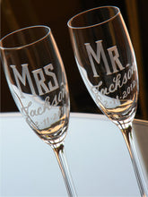 Load image into Gallery viewer, Hand Cut Personalized Mr. &amp; Mrs. Champagne Flute | Set of 2