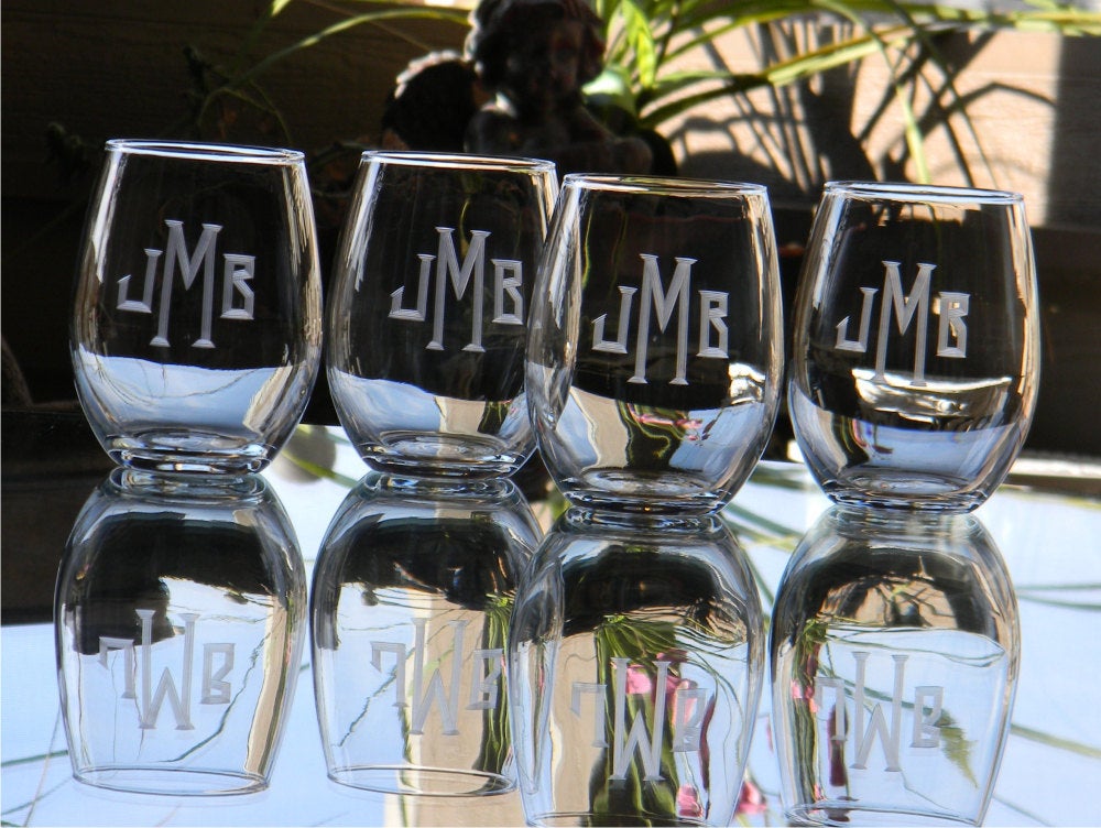 Set of 4 | Stemless Wine Glasses with Hand Cut Monogram, 15 oz