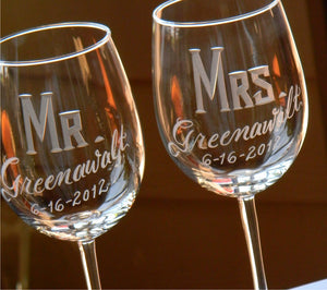 Hand Cut Personalized Mr & Mrs Wine Glass | Set of 2