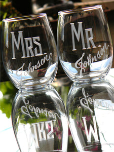 Hand Cut Personalized Mr. & Mrs. Stemless Wine Glass, 15 oz | Set of 2