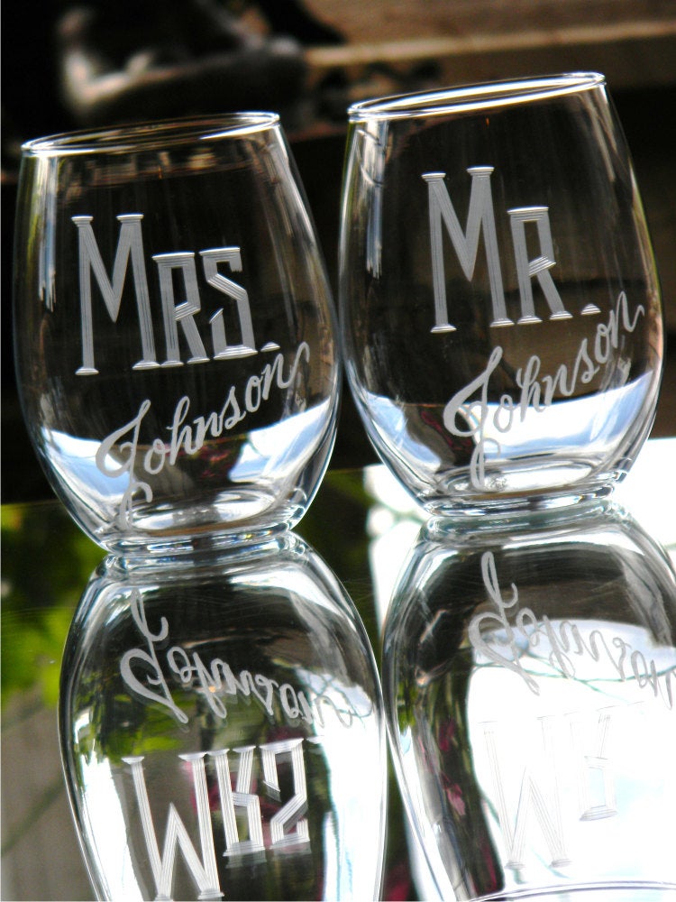 Hand Cut Personalized Mr. & Mrs. Stemless Wine Glass, 15 oz | Set of 2