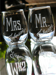 Hand Cut Personalized Mr. & Mrs. Stemless Wine Glass, 21 oz | Set of 2