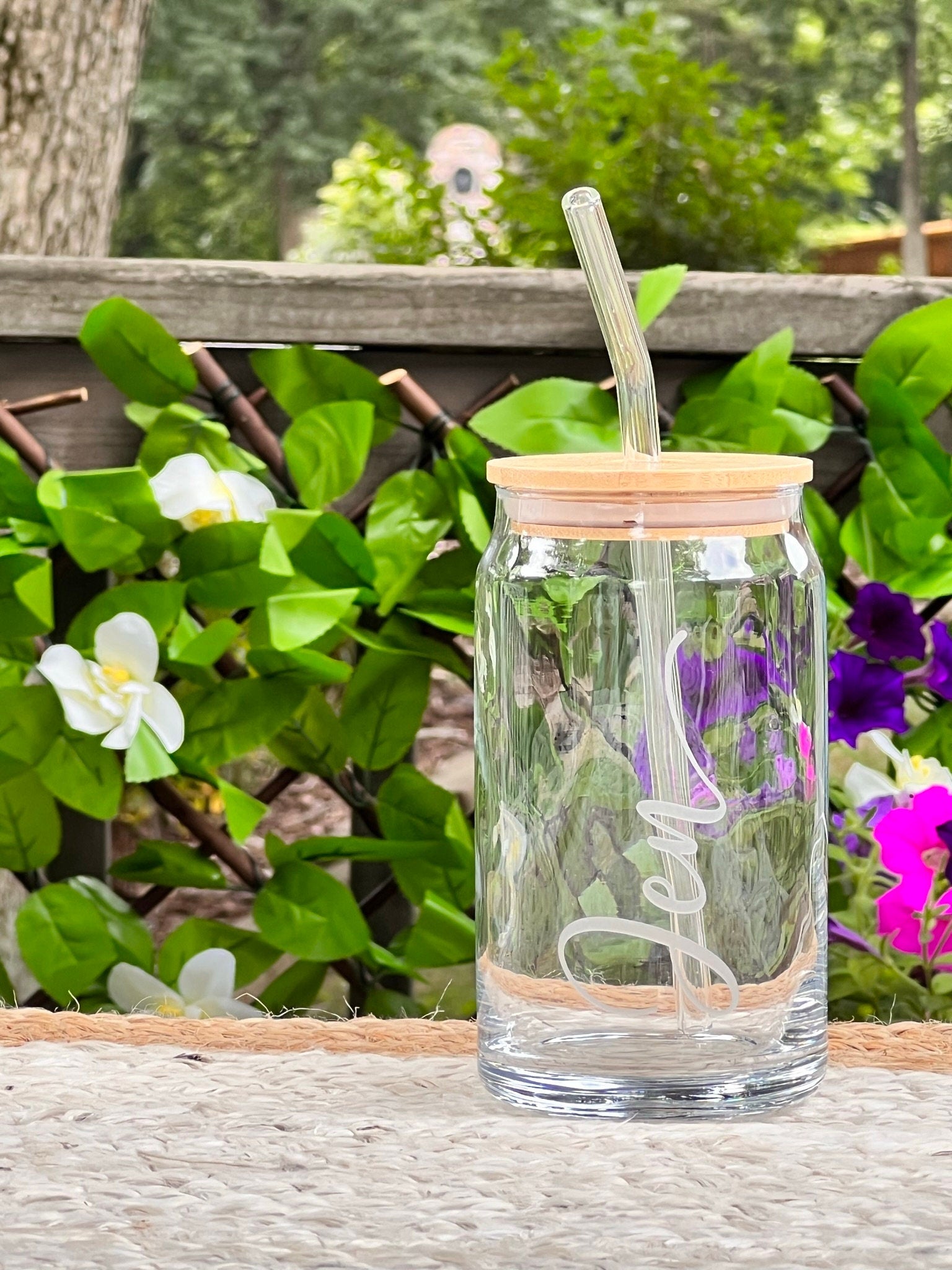 FLORAL Glass Can Cup With Bamboo Lid & Glass Straw Iced Coffee Cup Beer  Glass Can Cup Soda Glass Can Cup 