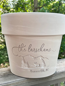 Mountain Home| Deep Etched Custom Clay Flower Pot | Engraved Flowerpot | Terra cotta Planter | White Granite Marble, Red, or Basalt Clay