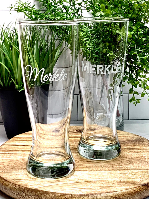 20 oz Etched Pilsner Beer Glass, Thirsty + Vine at $20