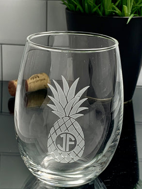 Pineapples Stemless Wine Glass with Monogram, 15 oz or 21 oz Media 1 of 2