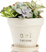 Load image into Gallery viewer, Couples Flowerpot Gift 4 inch White Granite Clay Flower Pot with Initials + Heart Engraved