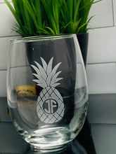 Load image into Gallery viewer, Pineapples Stemless Wine Glass with Monogram, 15 oz or 21 oz Media 1 of 2